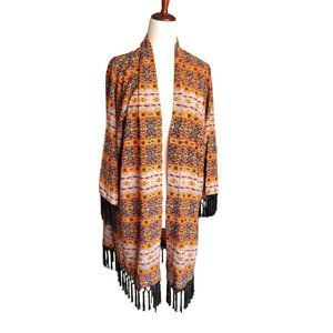Kimono Cover Up Women One Size Kaftan Topper Top Orange Beach Fringe Open Front